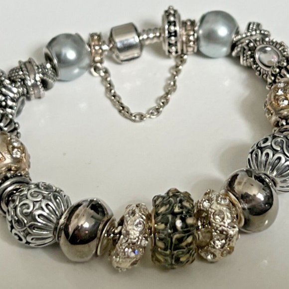 EUROPEAN STYLE CHARM BRACELET with BEADS, Safety Chain, 8.5" Long - Picture 4 of 6